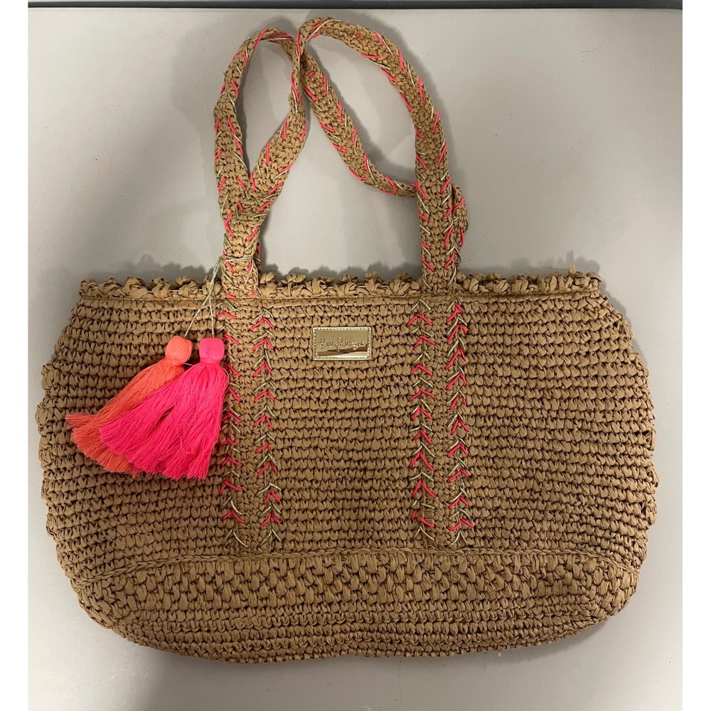 Lilly Pulitzer Straw Raffia Tote Bag Tan Neon Pink Tassels Gold Accent Beach Bag